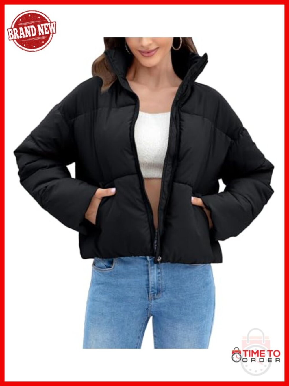 Cropped Quilted Puffer Jacket Winter Warm Full Zipper Padded Coat